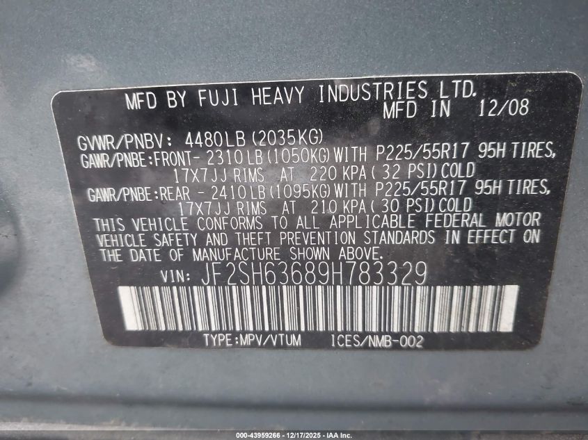 2009 Subaru Forester 2.5X VIN: JF2SH63689H783329 Lot: 43959266