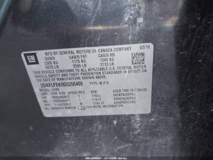 2016 Chevrolet Equinox Lt VIN: 2GNFLFEK8G6256409 Lot: 43959267