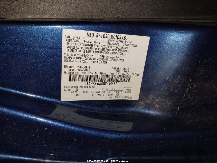 2008 Ford Focus Se/Sel/Ses VIN: 1FAHP35N08W254651 Lot: 43959270