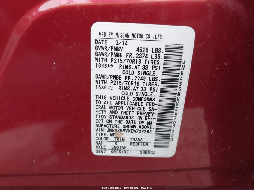 2014 Nissan Rogue Select S VIN: JN8AS5MVXEW707293 Lot: 43959275