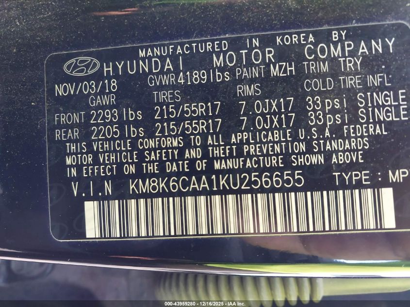 2019 Hyundai Kona Sel VIN: KM8K6CAA1KU256655 Lot: 43959280