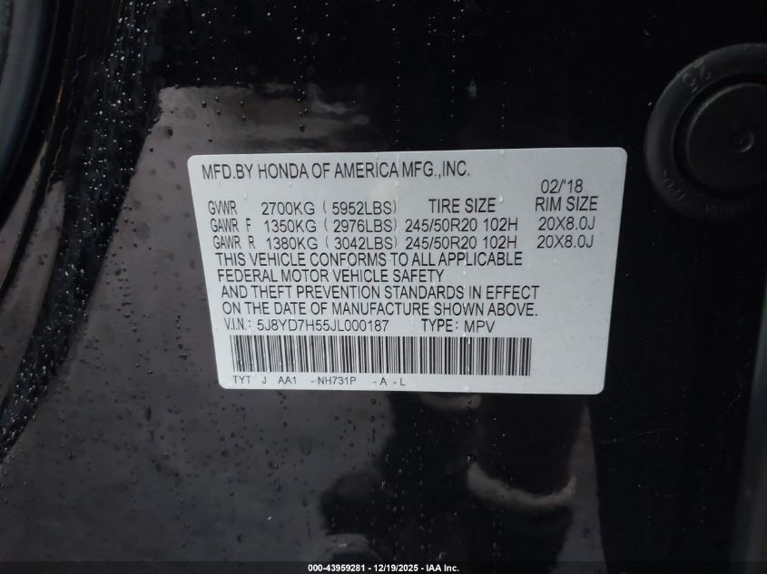 2018 Acura Mdx Sport Hybrid Technology Package VIN: 5J8YD7H55JL000187 Lot: 43959281