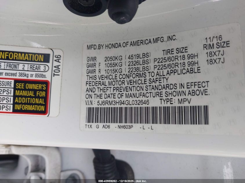 2016 Honda Cr-V Touring VIN: 5J6RM3H94GL032646 Lot: 43959282