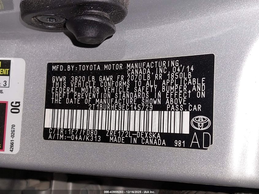 2014 Toyota Corolla S VIN: 2T1BURHE9EC145729 Lot: 43959283