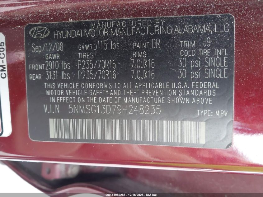2009 Hyundai Santa Fe Gls VIN: 5NMSG13D79H248235 Lot: 43959285