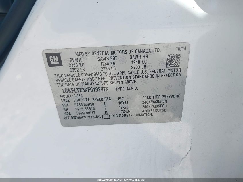 2015 GMC Terrain Slt-2 VIN: 2GKFLTE39F6192979 Lot: 43959286