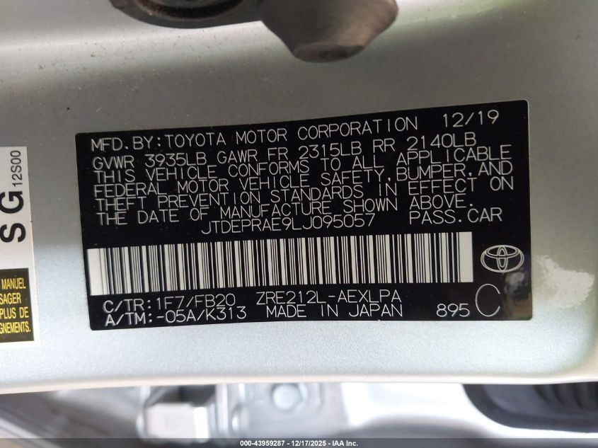 2020 Toyota Corolla Le VIN: JTDEPRAE9LJ095057 Lot: 43959287