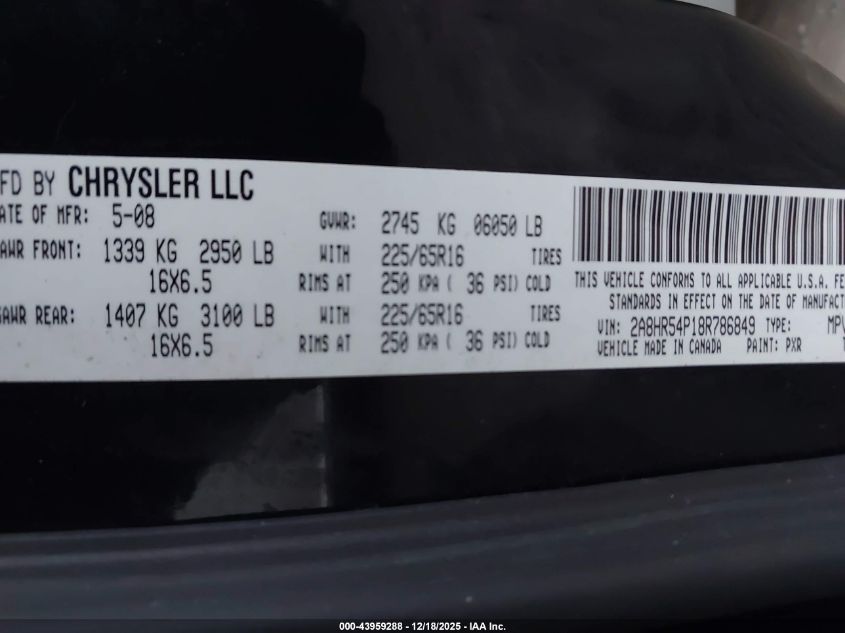 2008 Chrysler Town & Country Touring VIN: 2A8HR54P18R786849 Lot: 43959288