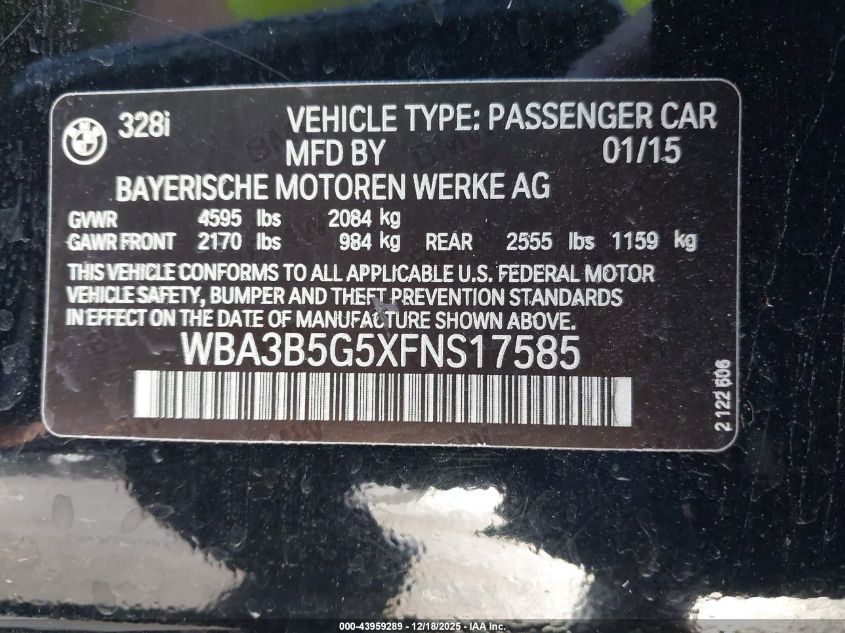 2015 BMW 328I xDrive VIN: WBA3B5G5XFNS17585 Lot: 43959289