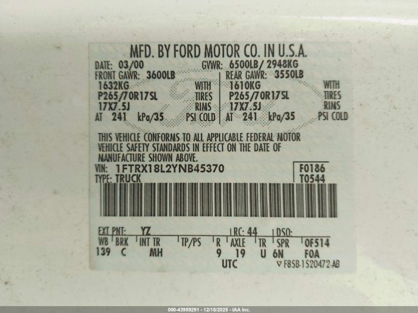 2000 Ford F-150 Lariat/Work Series/Xl/Xlt VIN: 1FTRX18L2YNB45370 Lot: 43959291