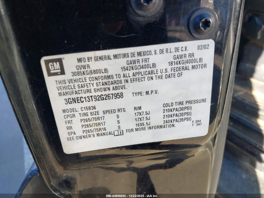 2002 Chevrolet Avalanche 1500 VIN: 3GNEC13T92G267958 Lot: 43959292