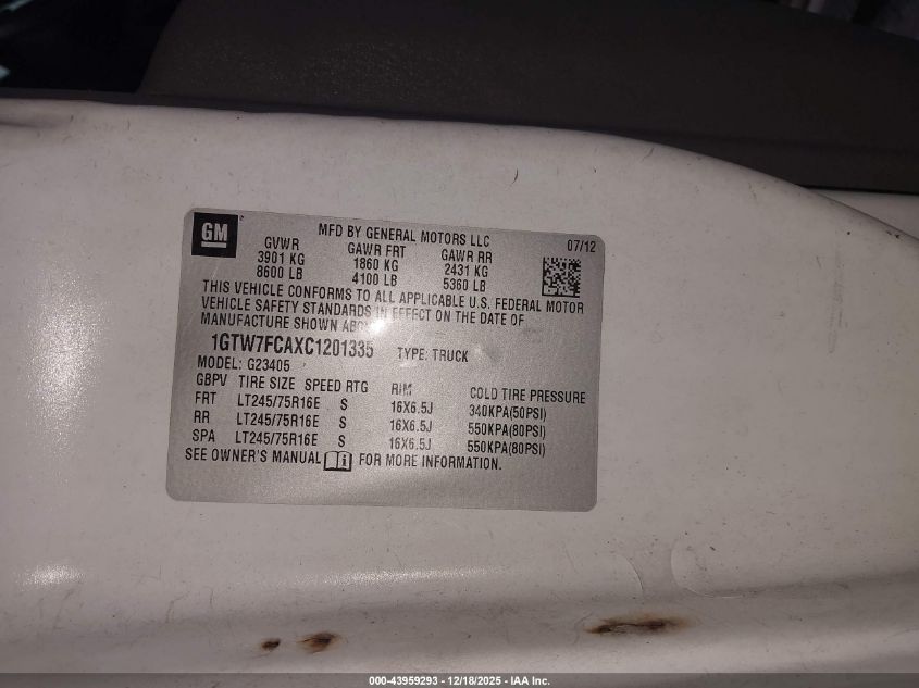 2012 GMC Savana 2500 Work Van VIN: 1GTW7FCAXC1201335 Lot: 43959293