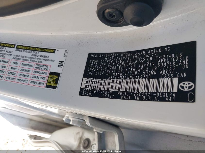 2022 Toyota Corolla Le VIN: 5YFEPMAE0NP343231 Lot: 43959294