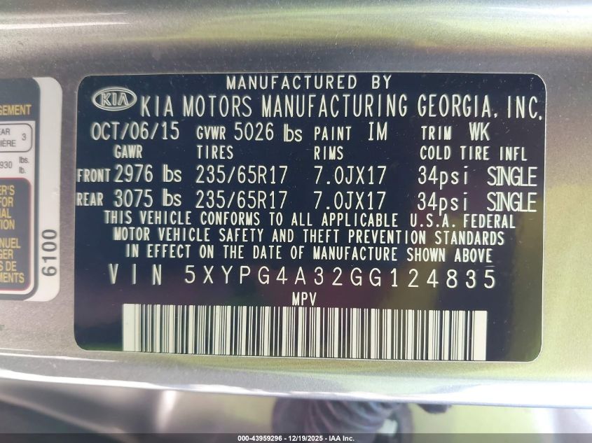 2016 Kia Sorento 2.4L L VIN: 5XYPG4A32GG124835 Lot: 43959296