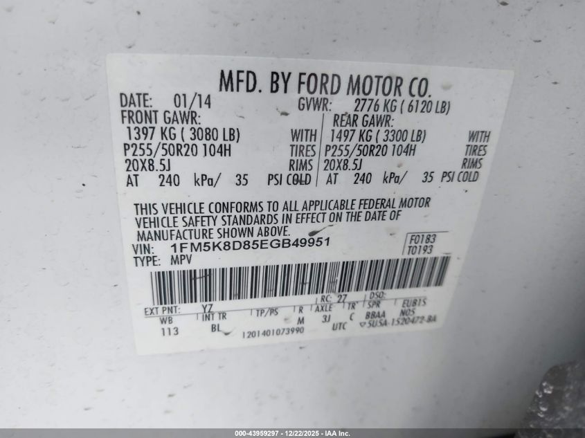 2014 Ford Explorer Xlt VIN: 1FM5K8D85EGB49951 Lot: 43959297