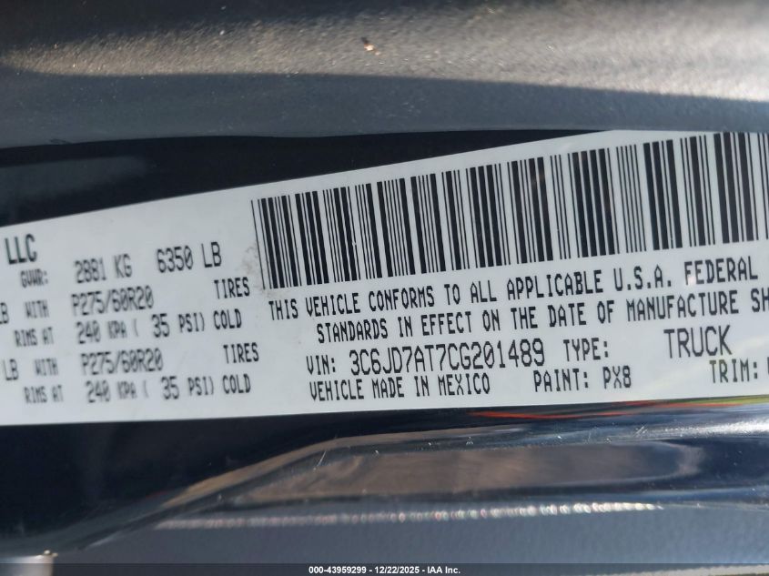 2012 Ram 1500 St VIN: 3C6JD7AT7CG201489 Lot: 43959299