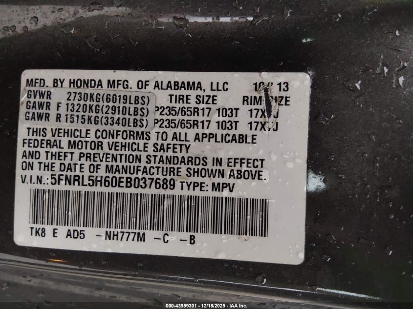 2014 Honda Odyssey Ex-L VIN: 5FNRL5H60EB037689 Lot: 43959301