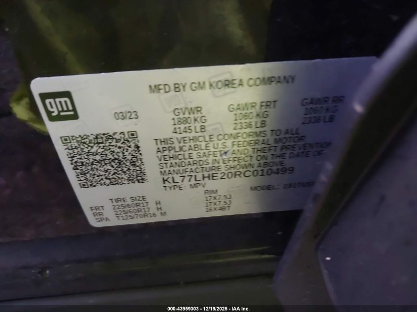 2024 Chevrolet Trax Fwd Lt VIN: KL77LHE20RC010499 Lot: 43959303