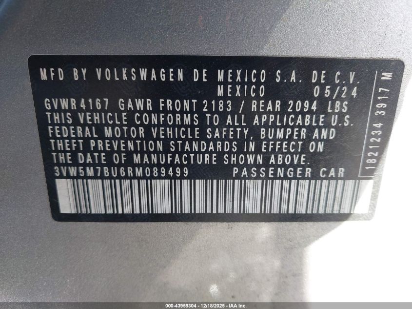2024 Volkswagen Jetta 1.5T S VIN: 3VW5M7BU6RM089499 Lot: 43959304
