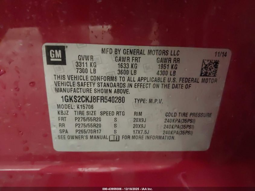 2015 GMC Yukon Denali VIN: 1GKS2CKJ8FR540280 Lot: 43959306
