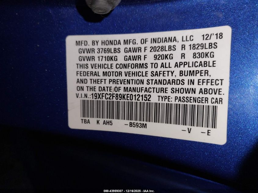 2019 Honda Civic Sport VIN: 19XFC2F89KE012152 Lot: 43959307
