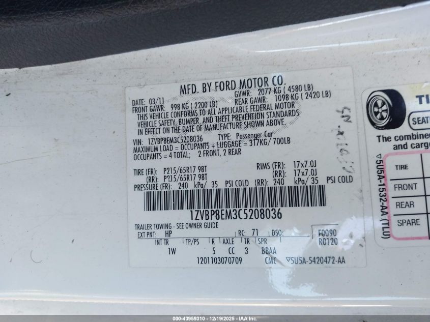 2012 Ford Mustang V6 VIN: 1ZVBP8EM3C5208036 Lot: 43959310