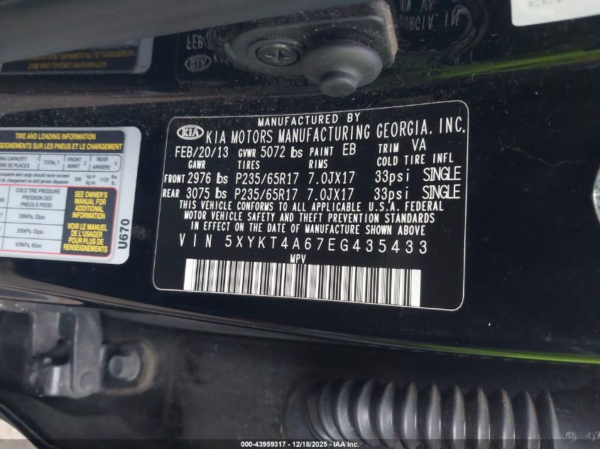 2014 Kia Sorento Lx VIN: 5XYKT4A67EG435433 Lot: 43959317