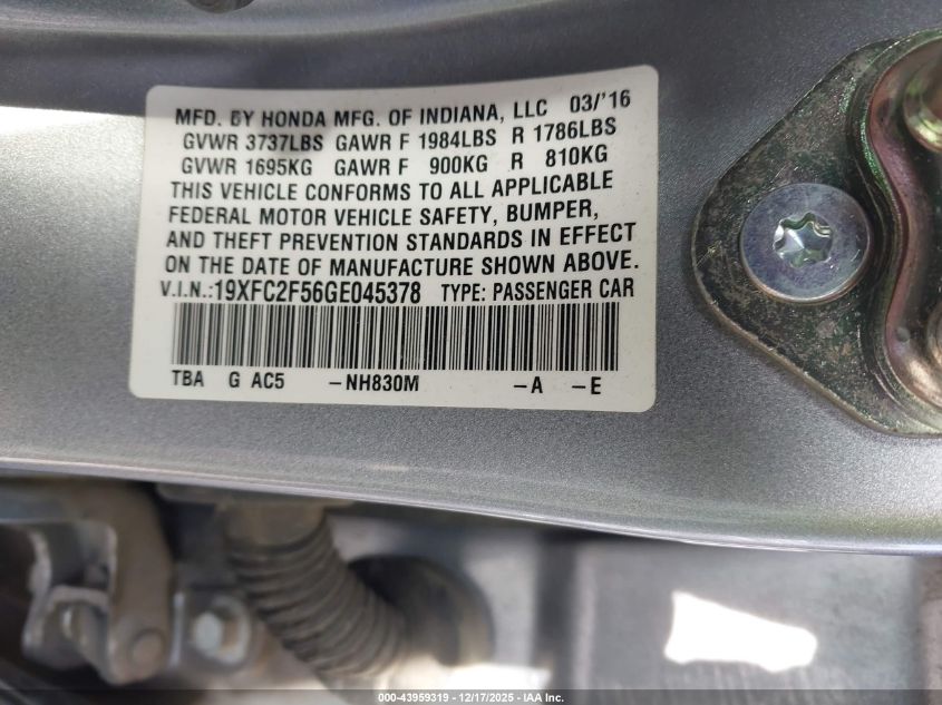 2016 Honda Civic Lx VIN: 19XFC2F56GE045378 Lot: 43959319