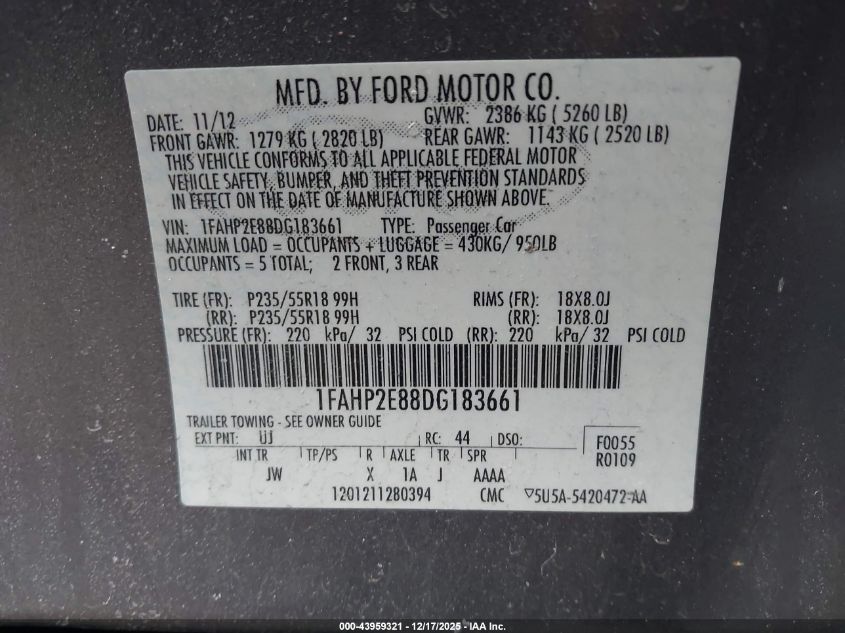 2013 Ford Taurus Sel VIN: 1FAHP2E88DG183661 Lot: 43959321