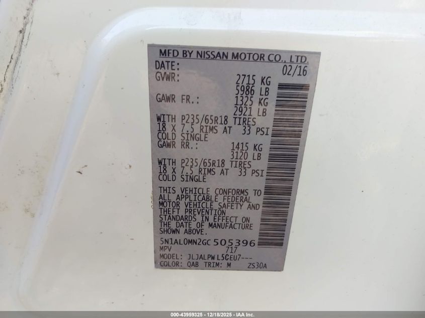 2016 Infiniti Qx60 VIN: 5N1AL0MN2GC505396 Lot: 43959325