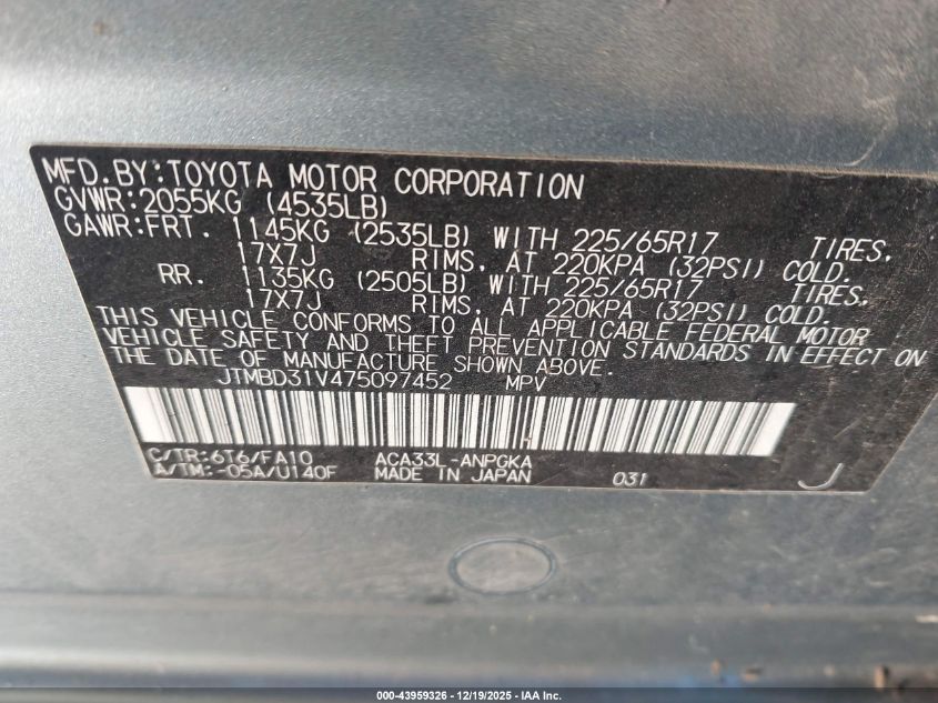 2007 Toyota Rav4 Limited VIN: JTMBD31V475097452 Lot: 43959326