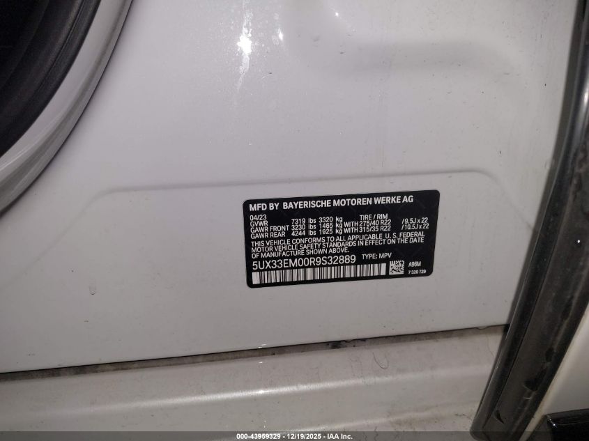 2024 BMW X7 M60I VIN: 5UX33EM00R9S32889 Lot: 43959329