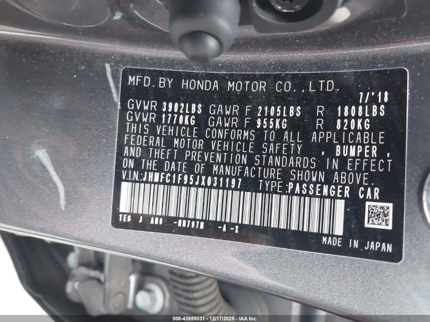 2018 Honda Civic Touring VIN: JHMFC1F95JX031197 Lot: 43959331
