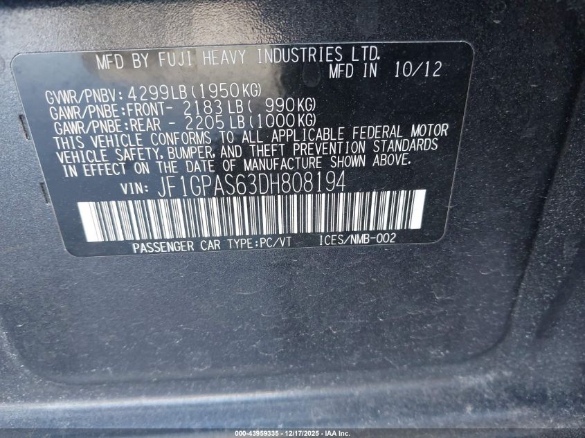 2013 Subaru Impreza 2.0I Sport Limited VIN: JF1GPAS63DH808194 Lot: 43959335