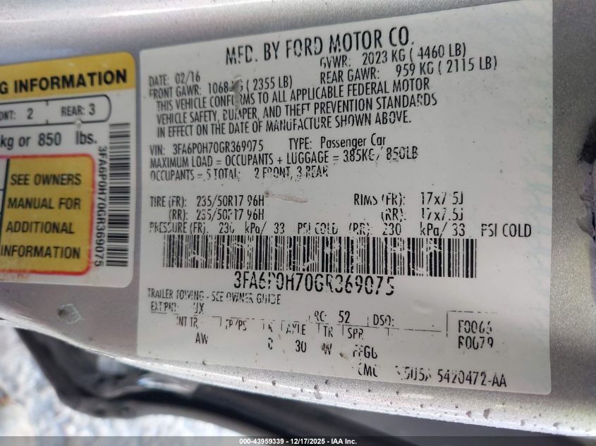 2016 Ford Fusion Se VIN: 3FA6P0H70GR369075 Lot: 43959339