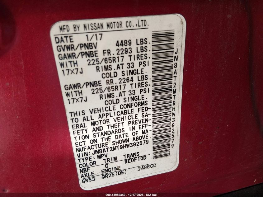 2017 Nissan Rogue S VIN: JN8AT2MT9HW392579 Lot: 43959340