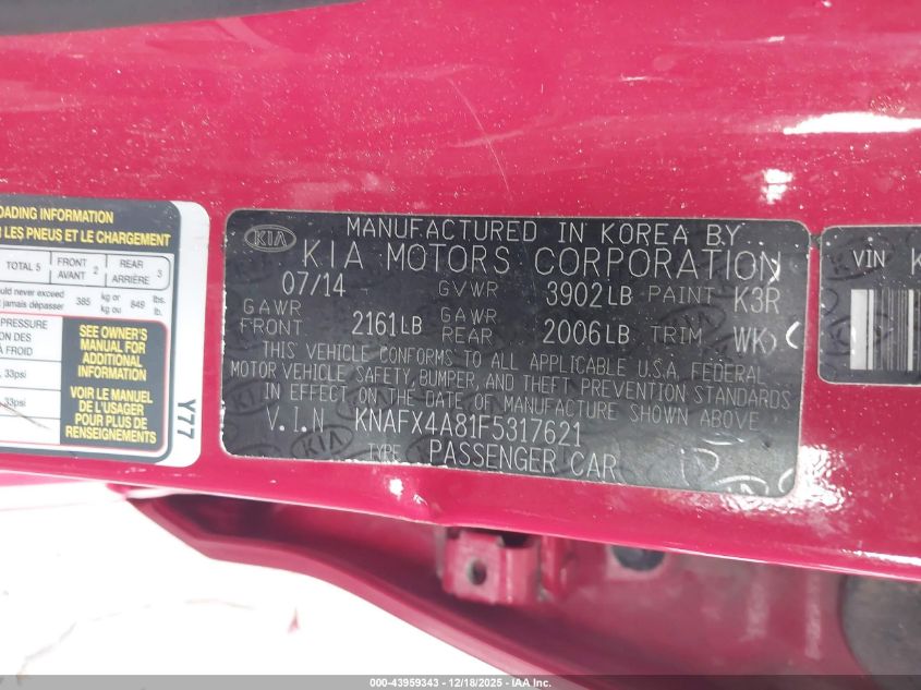 2015 Kia Forte Ex VIN: KNAFX4A81F5317621 Lot: 43959343