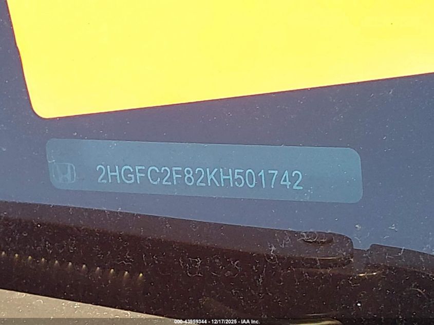 2019 Honda Civic Sport VIN: 2HGFC2F82KH501742 Lot: 43959344