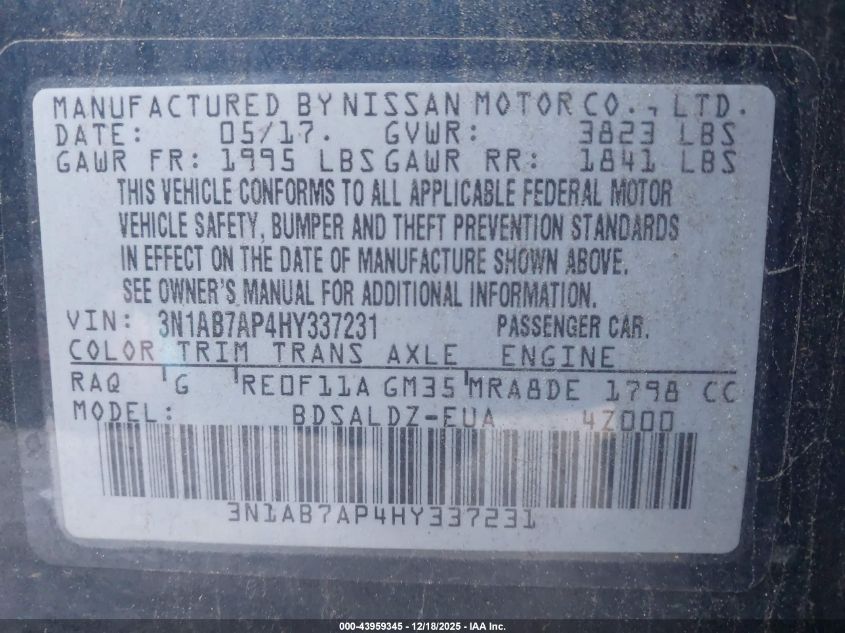 2017 Nissan Sentra Sv VIN: 3N1AB7AP4HY337231 Lot: 43959345