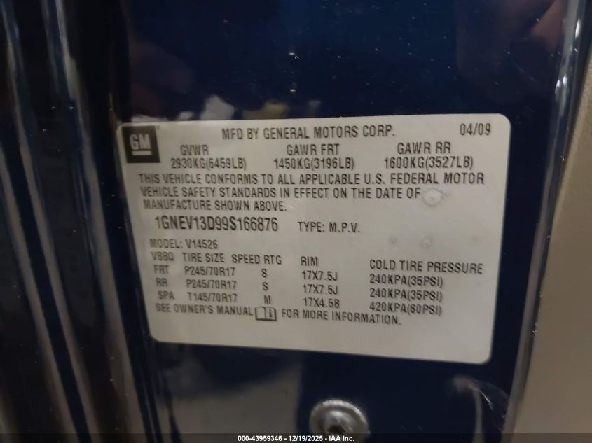 2009 Chevrolet Traverse Ls VIN: 1GNEV13D99S166876 Lot: 43959346