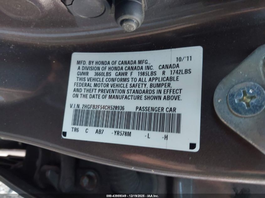 2012 Honda Civic Lx VIN: 2HGFB2F54CH528936 Lot: 43959349