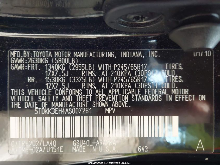 2010 Toyota Highlander Se V6 VIN: 5TDKK3EH4AS007261 Lot: 43959351