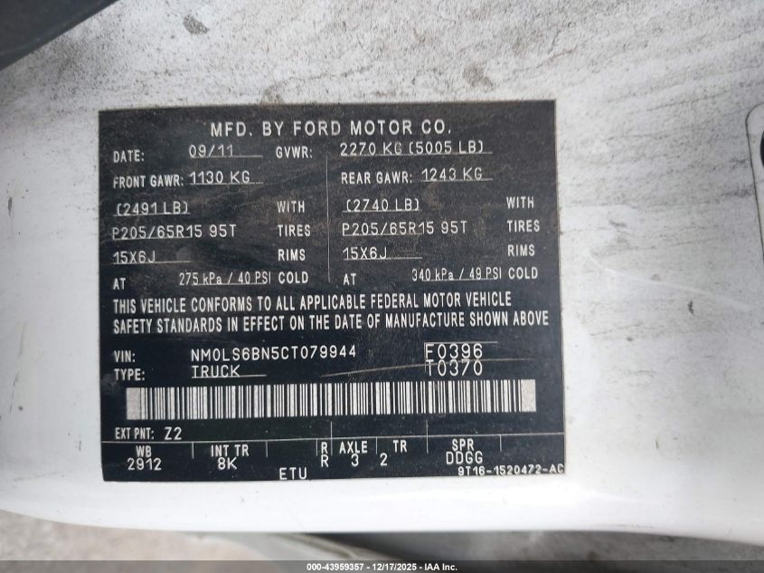 2012 Ford Transit Connect Xlt VIN: NM0LS6BN5CT079944 Lot: 43959357