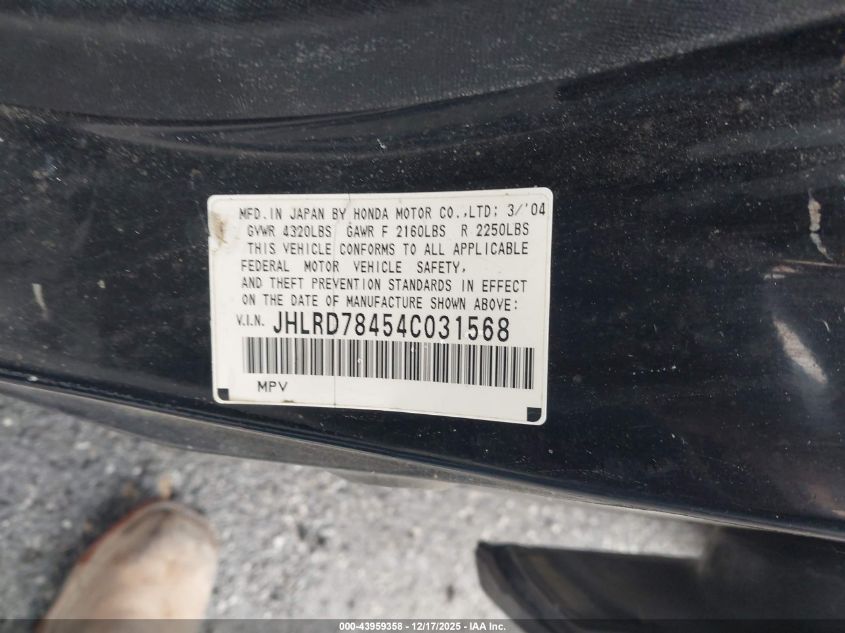 2004 Honda Cr-V Lx VIN: JHLRD78454C031568 Lot: 43959358