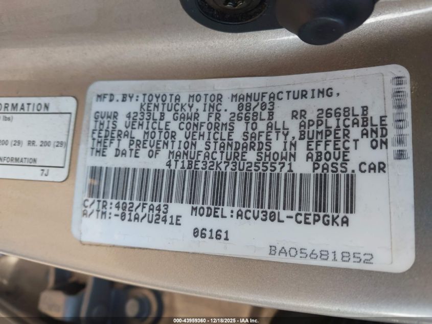 2003 Toyota Camry Xle VIN: 4T1BE32K73U255571 Lot: 43959360