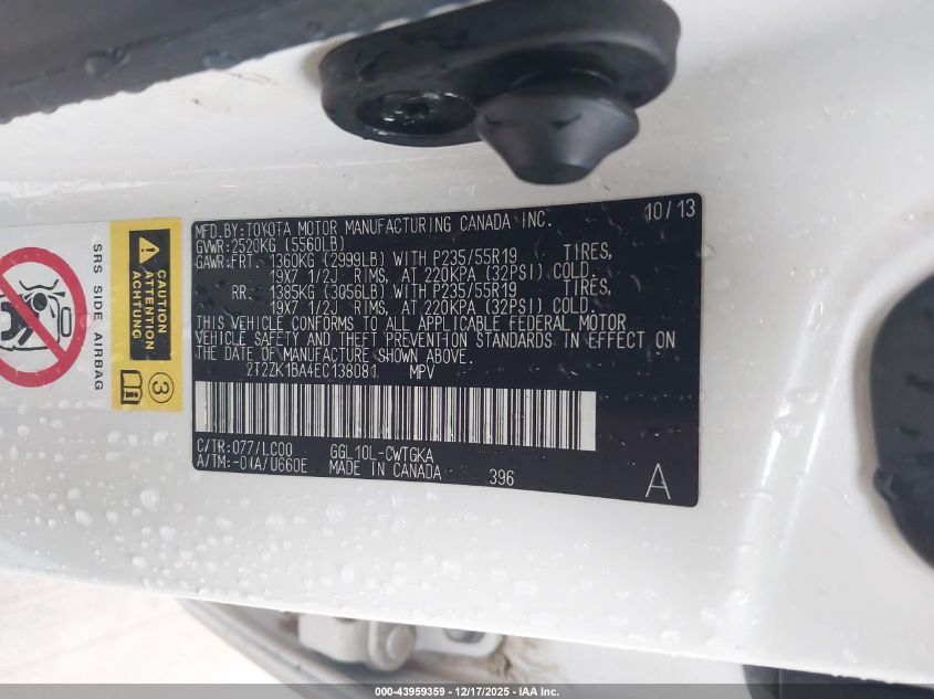 2014 Lexus Rx 350 VIN: 2T2ZK1BA4EC138081 Lot: 43959359