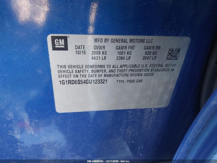 2016 Chevrolet Volt Premier VIN: 1G1RD6S54GU123321 Lot: 43959362