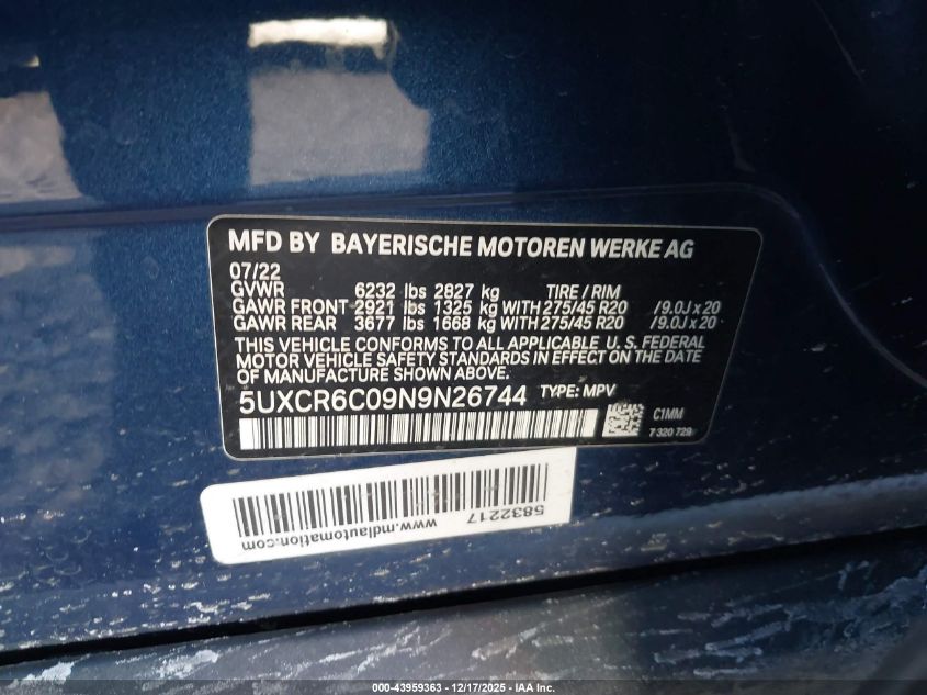 2022 BMW X5 xDrive40I VIN: 5UXCR6C09N9N26744 Lot: 43959363