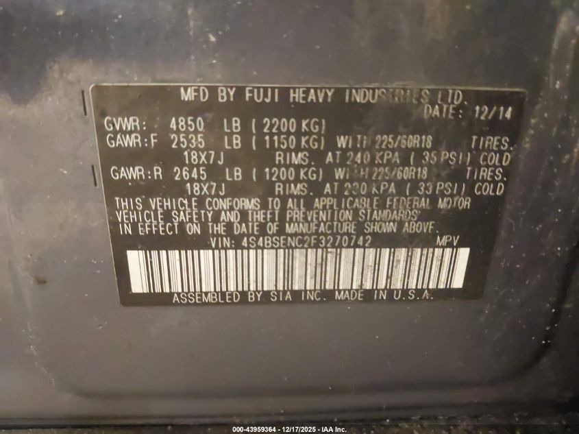 2015 Subaru Outback 3.6R Limited VIN: 4S4BSENC2F3270742 Lot: 43959364