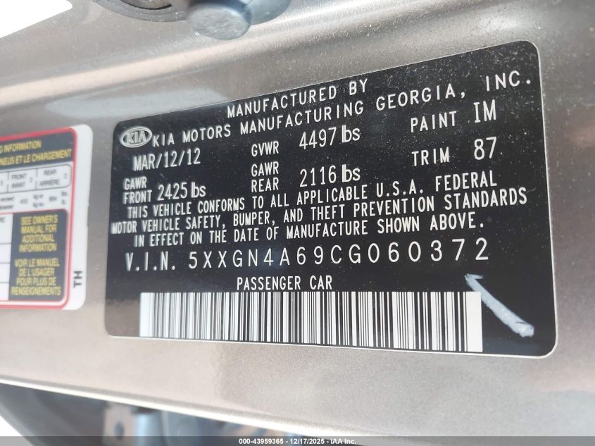 2012 Kia Optima Ex Turbo VIN: 5XXGN4A69CG060372 Lot: 43959365